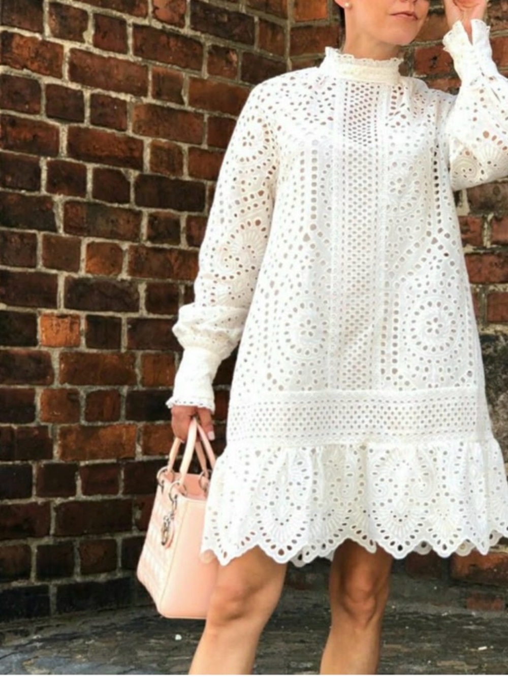 H&M SHORT Lace Dress Conscious A-LINE FLARED SKIRT PUFF SLEEVES White Eye-lit S